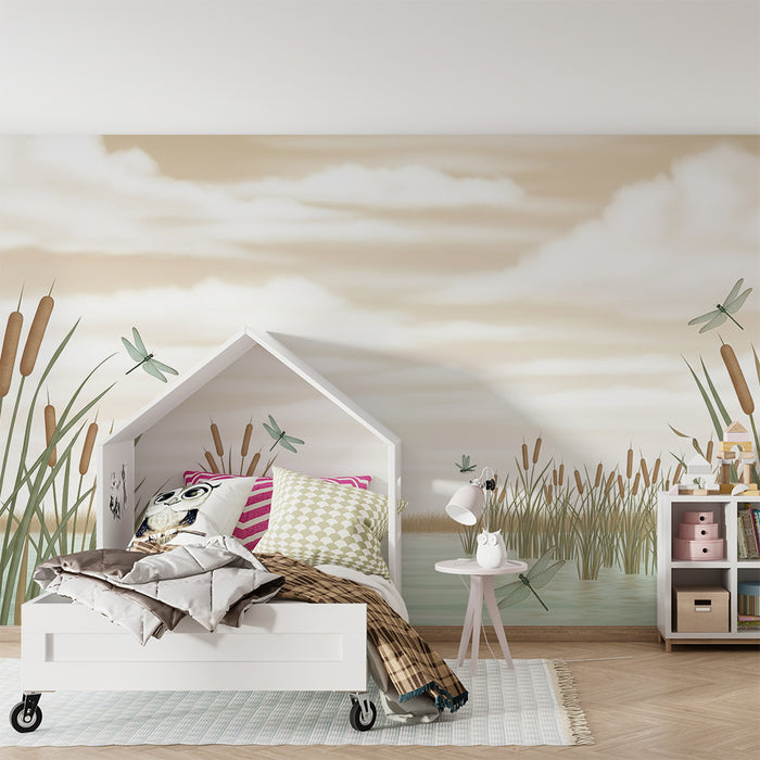 Papier peint chambre bébé | Libellules et roseaux au bord de l'eau
