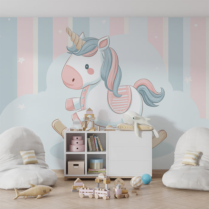Papier peint chambre bébé | Licorne à bascule dans un univers pastel