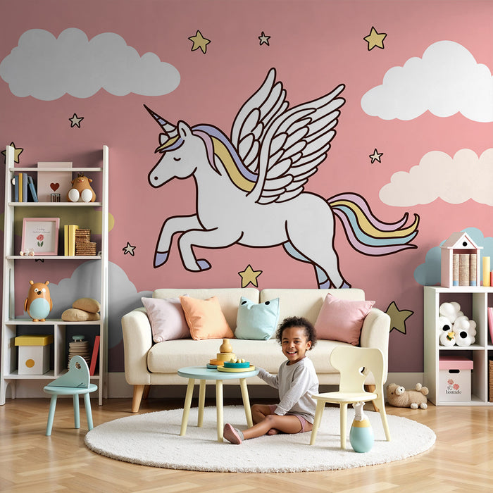 Papier peint chambre bébé | Licorne ailée dans un ciel étoilé rose