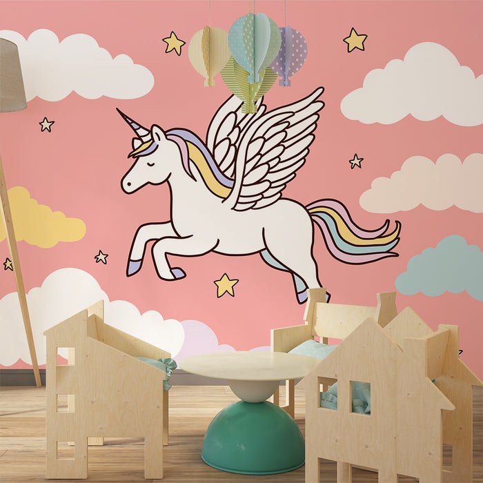 Papier peint chambre bébé | Licorne ailée dans un ciel étoilé rose