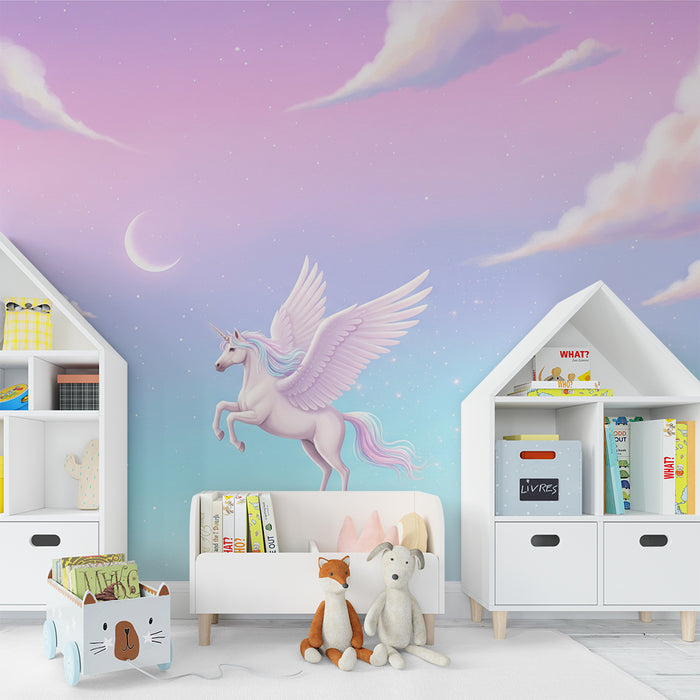 Papier peint chambre bébé | Licorne ailée dans un ciel pastel étoilé