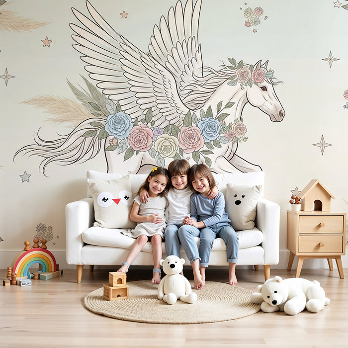 Papier peint chambre bébé | Licorne ailée entourée de fleurs pastel et d'étoiles