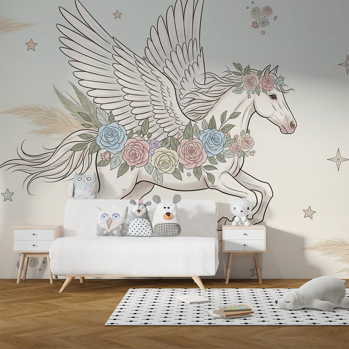 Papier peint chambre bébé | Licorne ailée entourée de fleurs pastel et d'étoiles