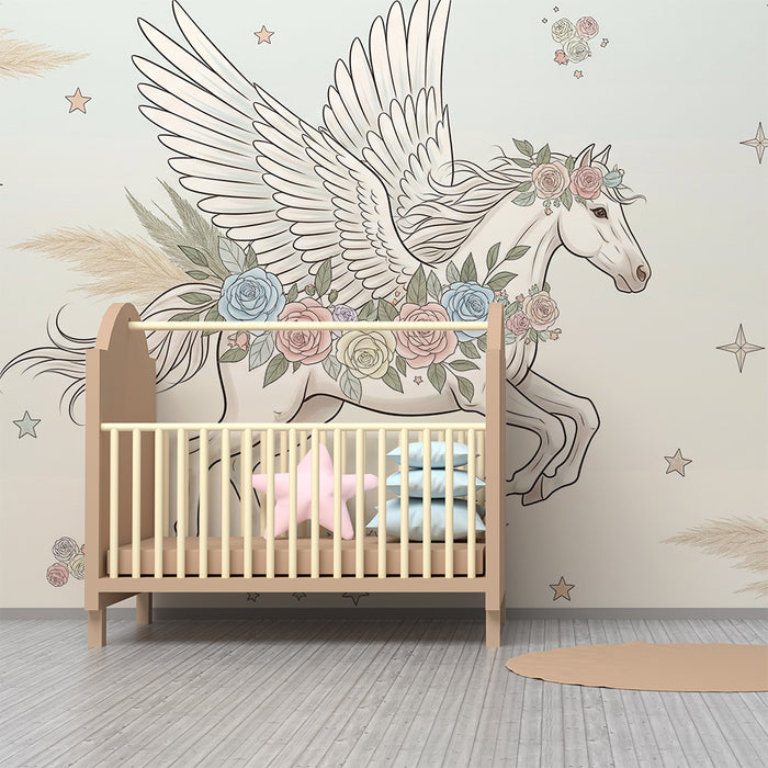Papier peint chambre bébé | Licorne ailée entourée de fleurs pastel et d'étoiles