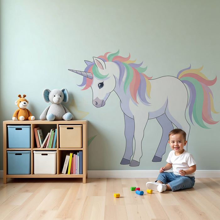 Børneværelse tapet | Farverig enhjørning og skinnende stjerne i blødt dekor