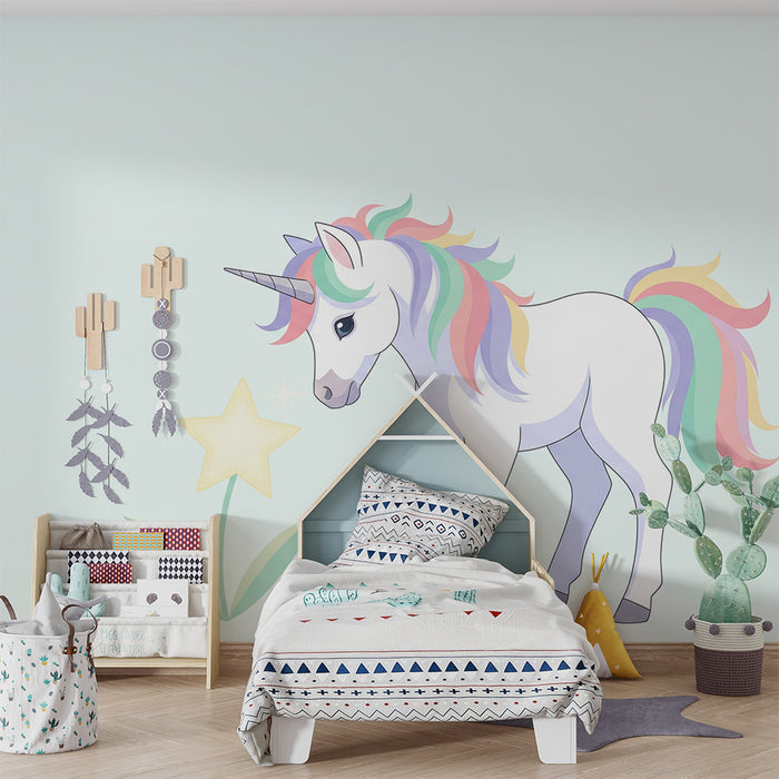 Børneværelse tapet | Farverig enhjørning og skinnende stjerne i blødt dekor