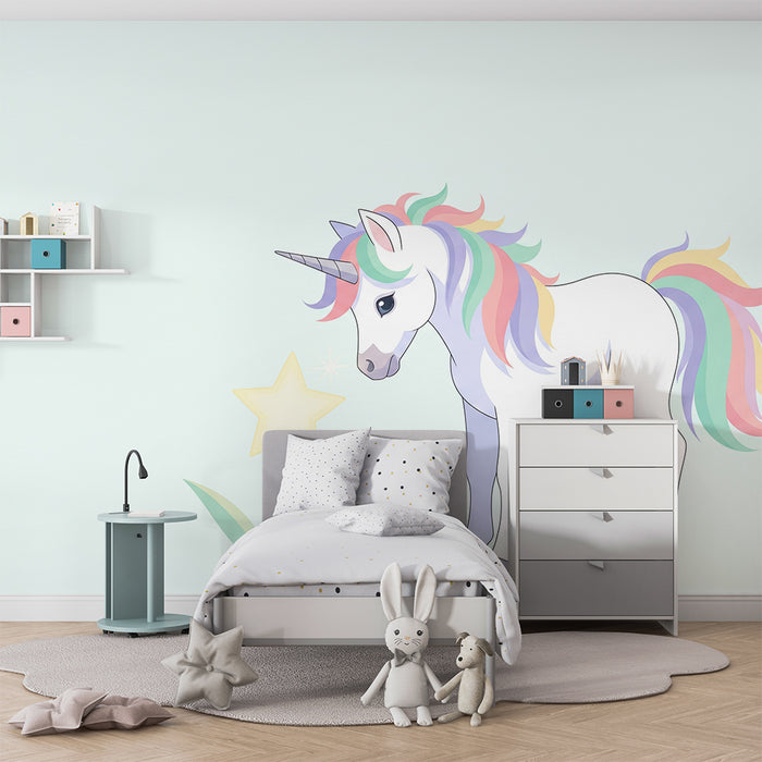 Børneværelse tapet | Farverig enhjørning og skinnende stjerne i blødt dekor