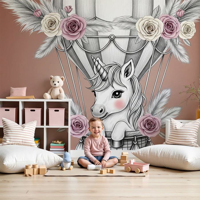Babyzimmer Tapete | Einhorn in einem Heißluftballon