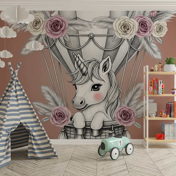 Babyzimmer Tapete | Einhorn in einem Heißluftballon