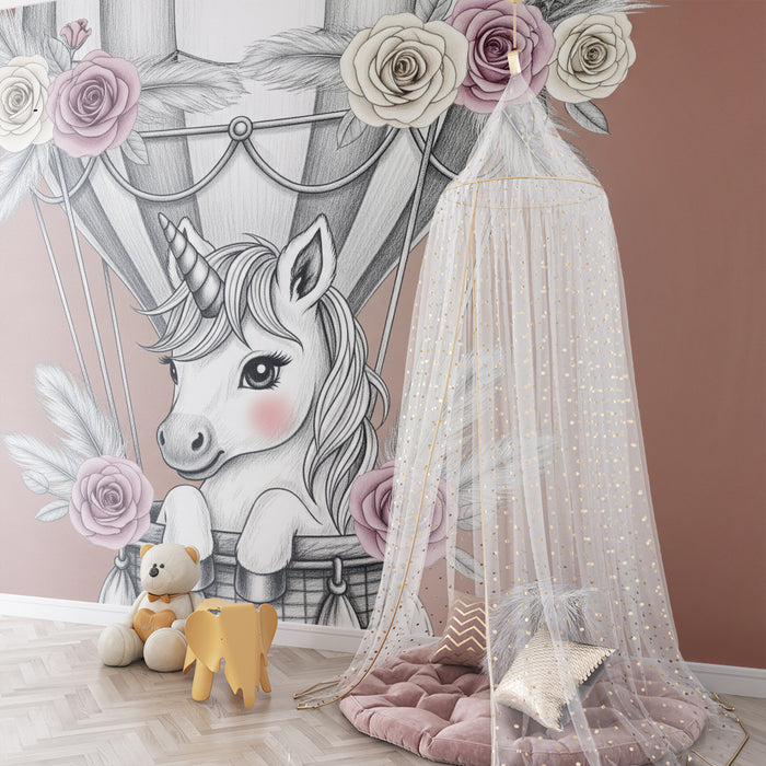 Babyzimmer Tapete | Einhorn in einem Heißluftballon