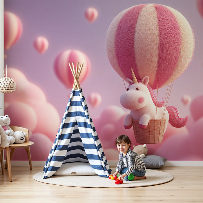 Papier de parede bébi szoba | Egyszarvú egy léghajóban a rózsaszín felhők között