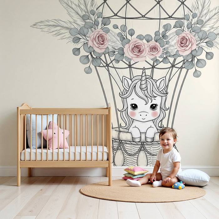 Papier peint chambre bébé | Licorne dans un ballon dirigeable fleuri
