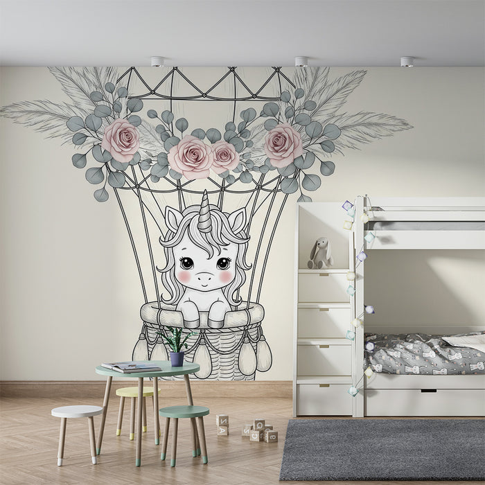Papier peint chambre bébé | Licorne dans un ballon dirigeable fleuri