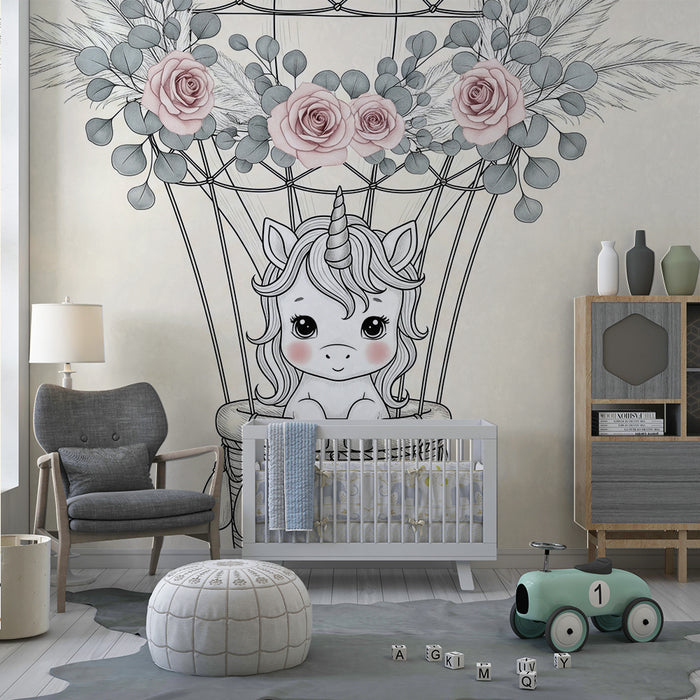 Papier peint chambre bébé | Licorne dans un ballon dirigeable fleuri