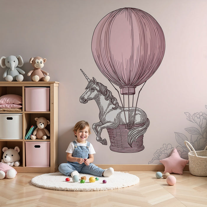 Tapet za detska staia | Ednorog v rozov vozdushen balon na miak fons