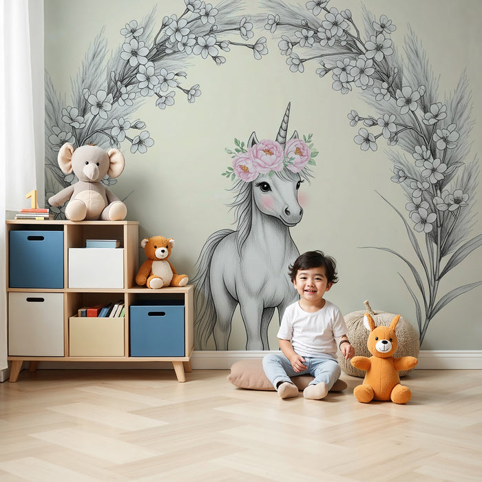 Tapet za detska staia | Нежен еднорог с цветя