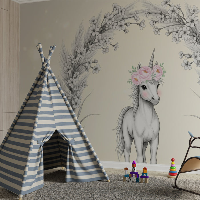 Tapet za detska staia | Нежен еднорог с цветя