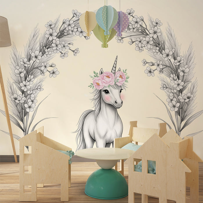 Tapet za detska staia | Нежен еднорог с цветя