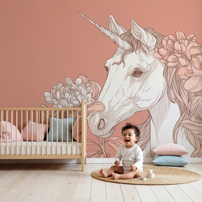 Papier peint chambre bébé | Licorne délicate entourée de fleurs élégantes