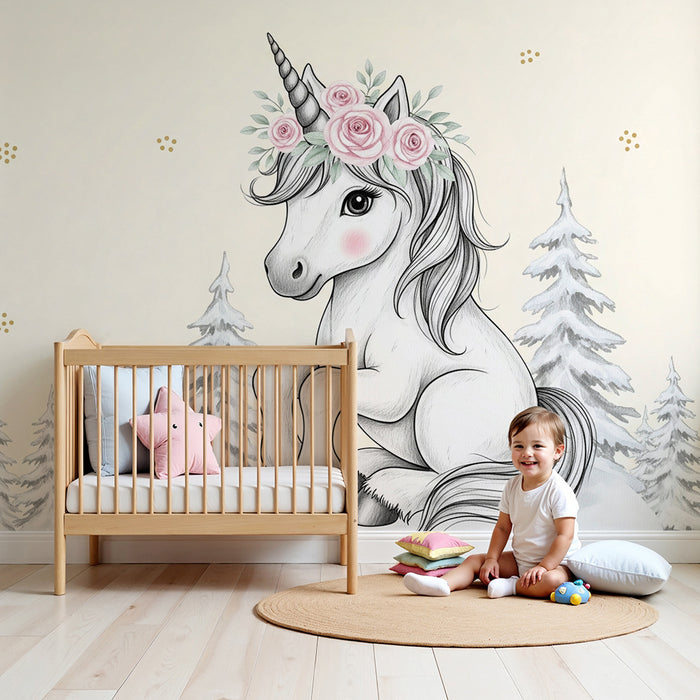Papier peint chambre bébé | Licorne délicate et forêt enneigée