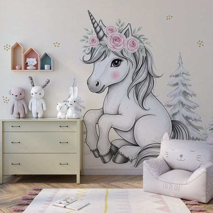 Papier peint chambre bébé | Licorne délicate et forêt enneigée