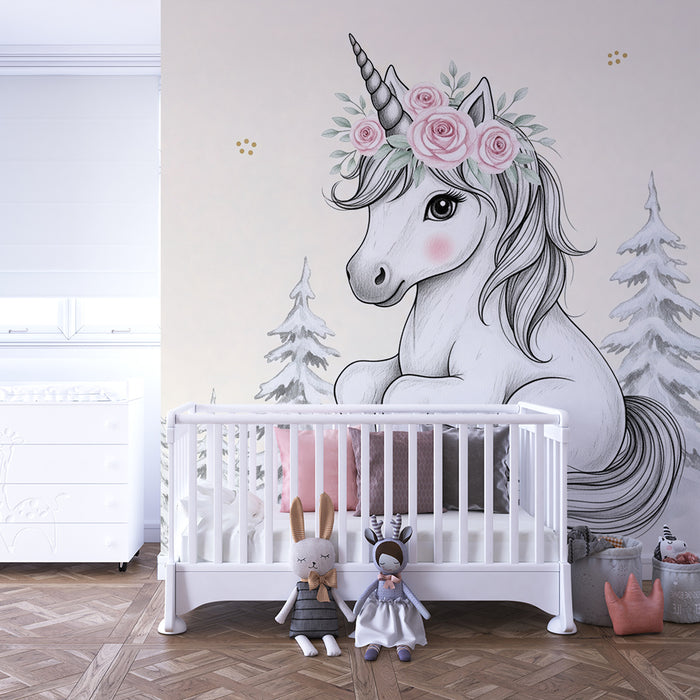 Papier peint chambre bébé | Licorne délicate et forêt enneigée