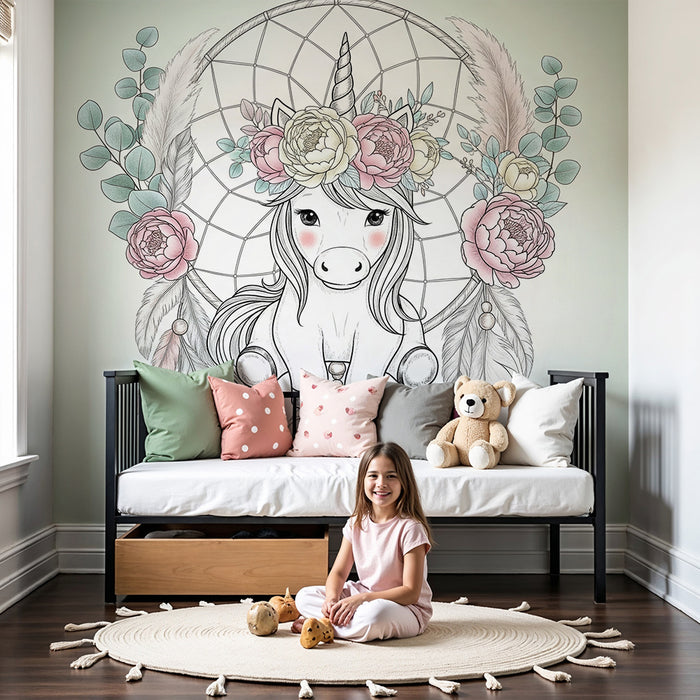 Papier peint chambre bébé | Licorne délicate et rêve floral