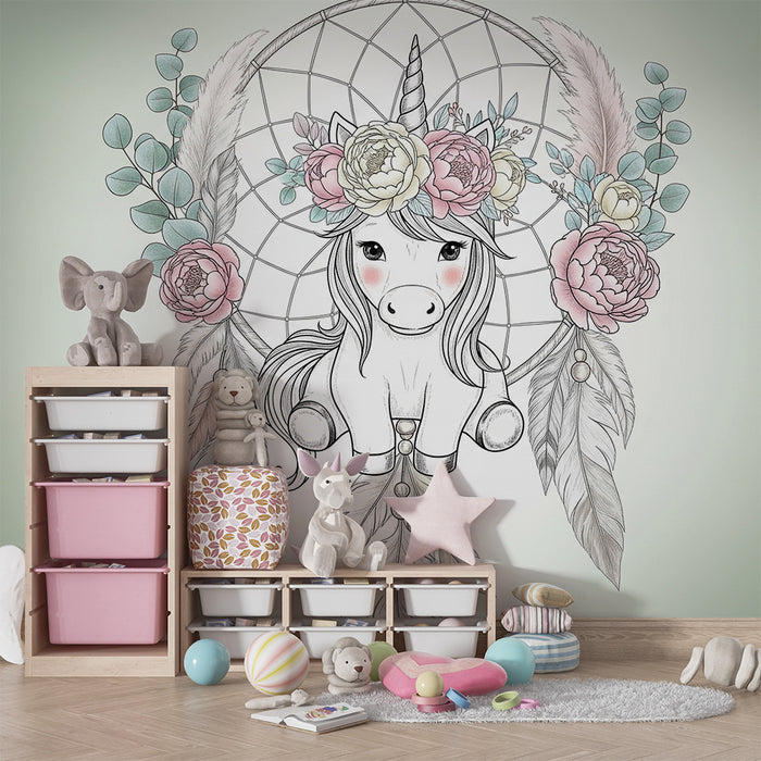 Papier peint chambre bébé | Licorne délicate et rêve floral