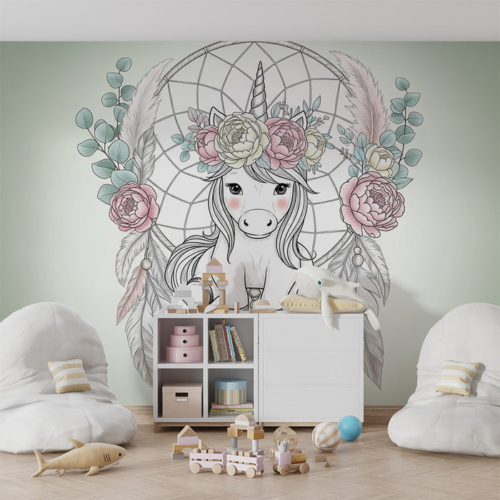 Papier peint chambre bébé | Licorne délicate et rêve floral
