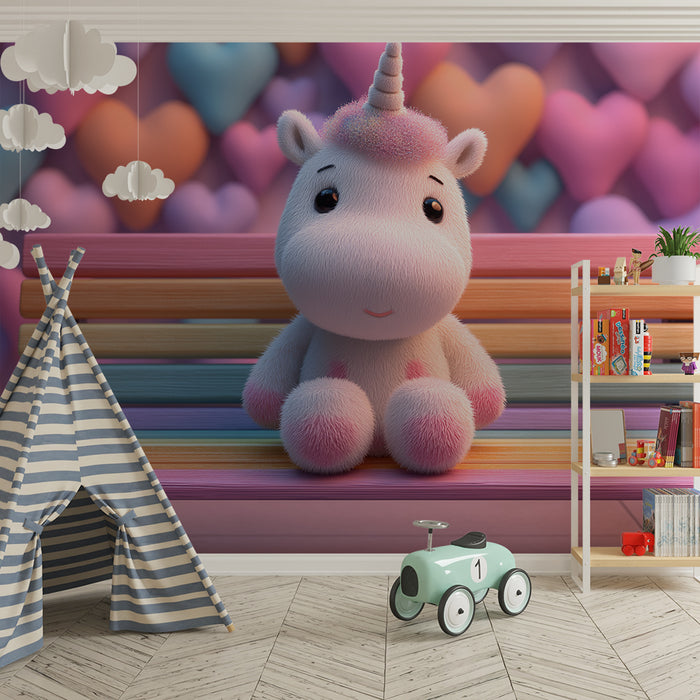 Tapety dla dzieci | Delikatny jednorożec i kolorowa dekoracja z sercami