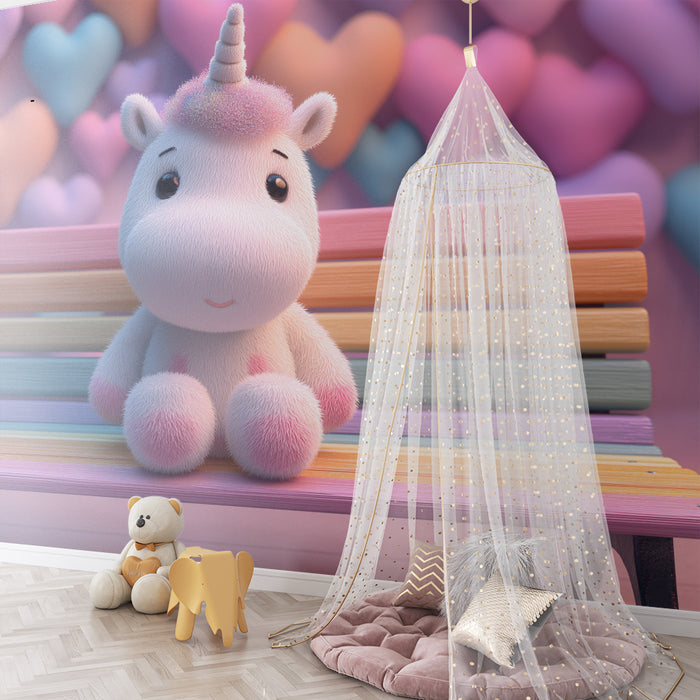 Tapety dla dzieci | Delikatny jednorożec i kolorowa dekoracja z sercami