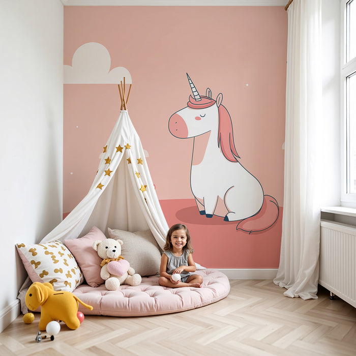 Lastenhuoneen tapetti | Lempeä yksisarvinen vaaleanpunaisella taustalla pilvien kanssa