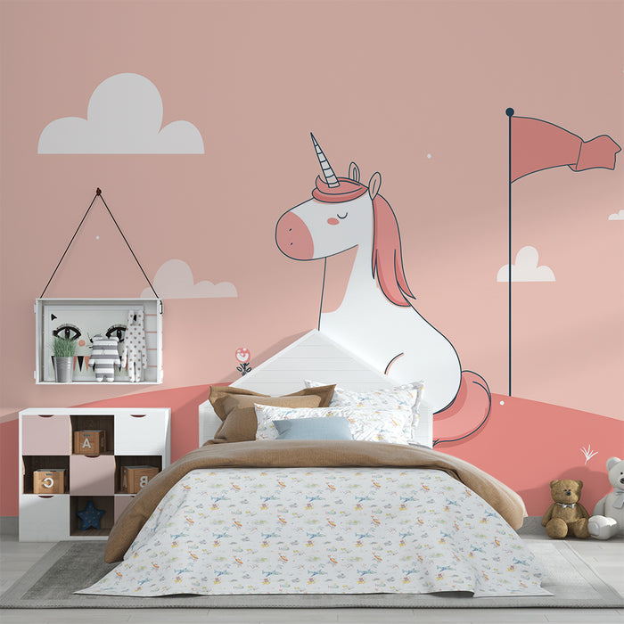 Lastenhuoneen tapetti | Lempeä yksisarvinen vaaleanpunaisella taustalla pilvien kanssa
