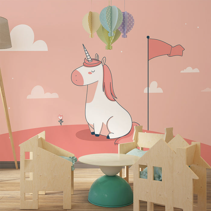 Lastenhuoneen tapetti | Lempeä yksisarvinen vaaleanpunaisella taustalla pilvien kanssa