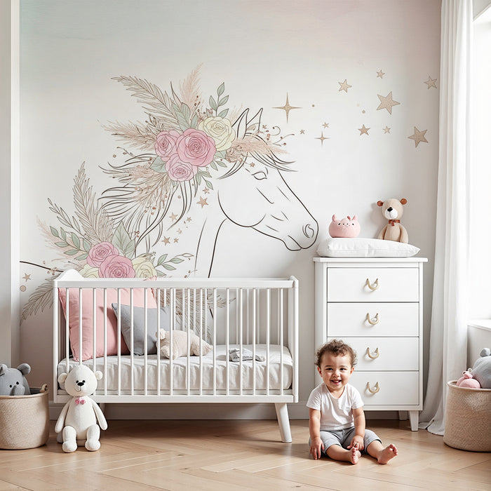 Papier peint chambre bébé | Licorne élégante avec fleurs et étoiles dorées