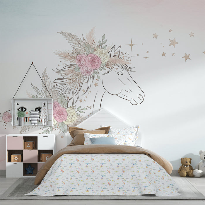 Papier peint chambre bébé | Licorne élégante avec fleurs et étoiles dorées