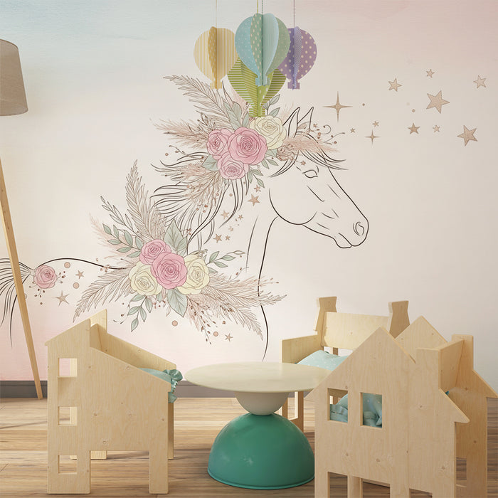 Papier peint chambre bébé | Licorne élégante avec fleurs et étoiles dorées