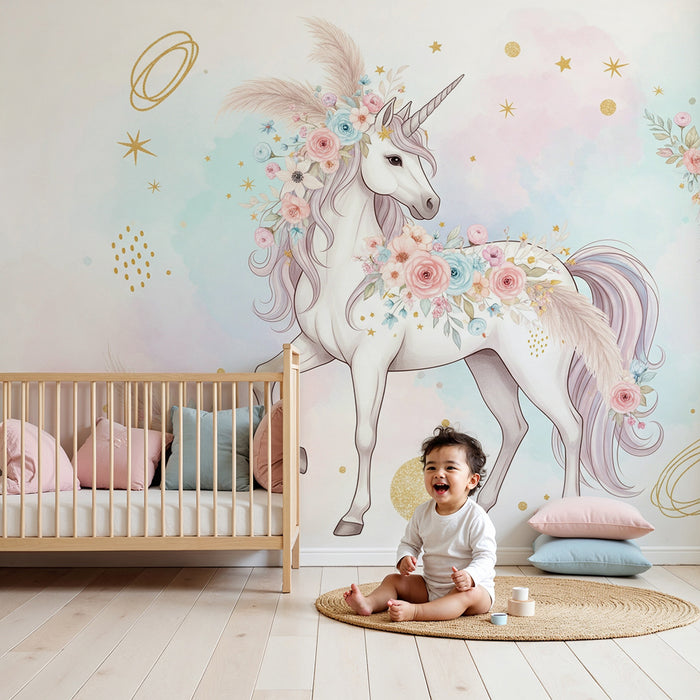 Papier peint chambre bébé | Licorne élégante ornée de fleurs et étoiles dorées