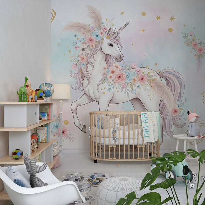 Papier peint chambre bébé | Licorne élégante ornée de fleurs et étoiles dorées