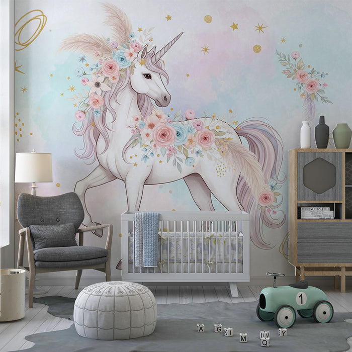 Papier peint chambre bébé | Licorne élégante ornée de fleurs et étoiles dorées
