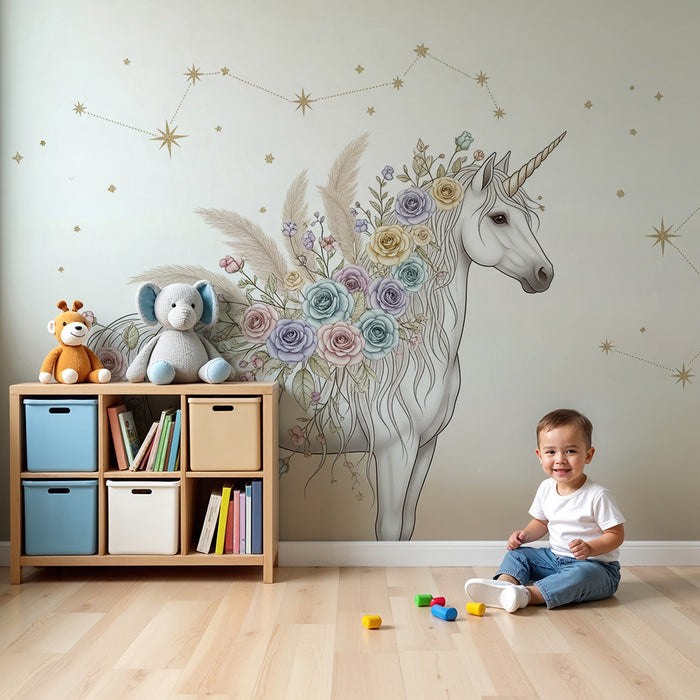 Barntapet | Elegant enhörning prydd med blommor och glittrande stjärnor