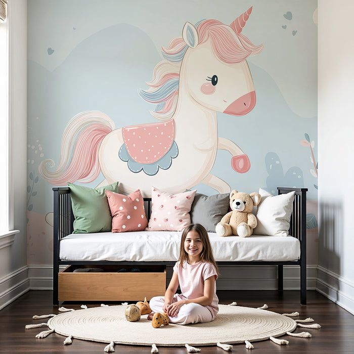 Papier peint chambre bébé | Licorne en bois sur fond pastel avec éléments naturels
