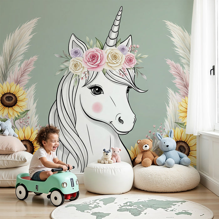 Papier peint chambre bébé | Licorne enchantée et fleurs éclatantes