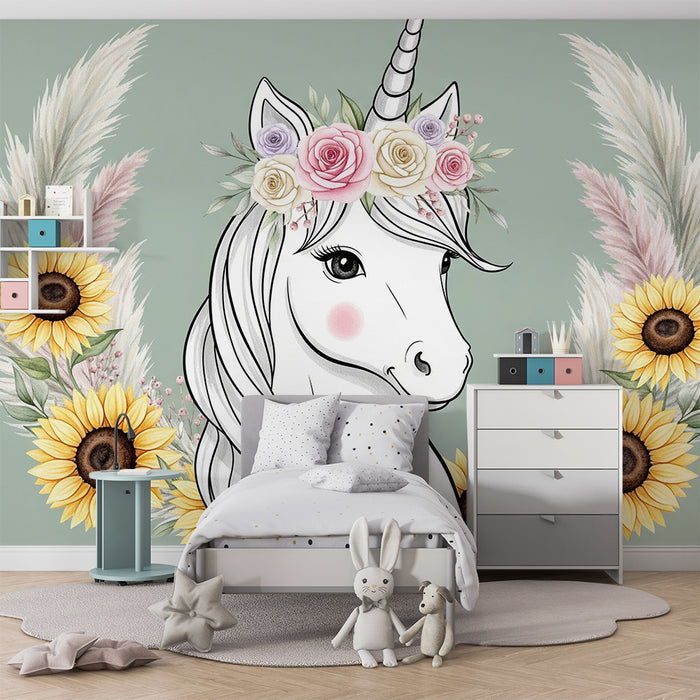 Papier peint chambre bébé | Licorne enchantée et fleurs éclatantes