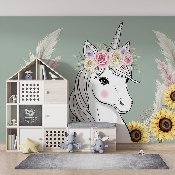 Papier peint chambre bébé | Licorne enchantée et fleurs éclatantes