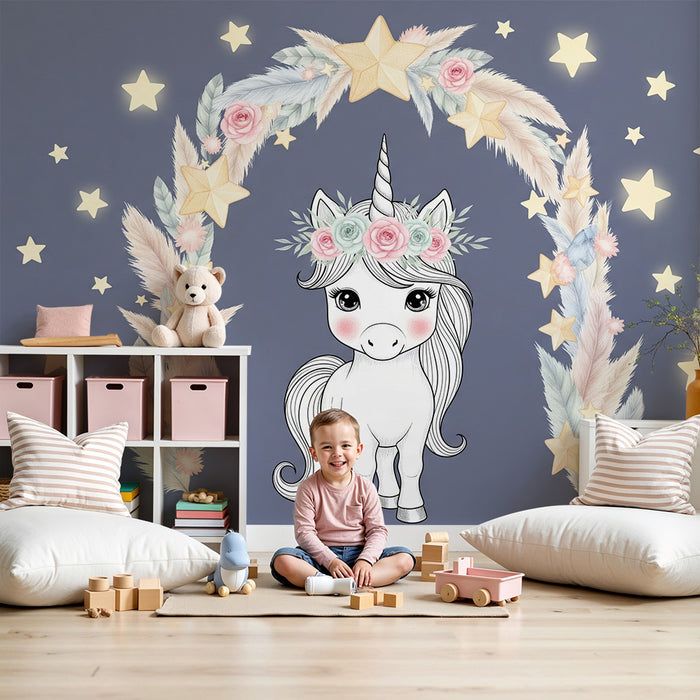 Tapet barnerom | Enchanter enhjørning under en stjerneklar himmel