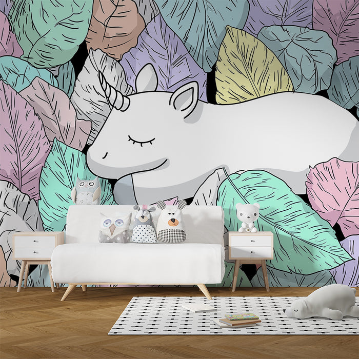Nursery room wallpaper | Sleeping unicorn surrounded by pastel leaves
