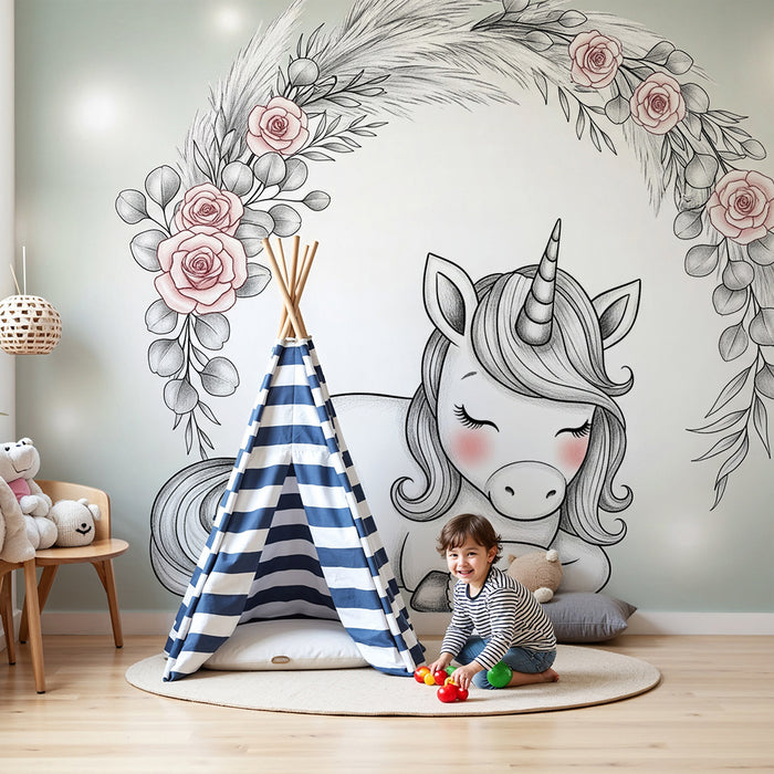 Papel de parede quarto bebê | Usnuli jednorog okružen cvijećem