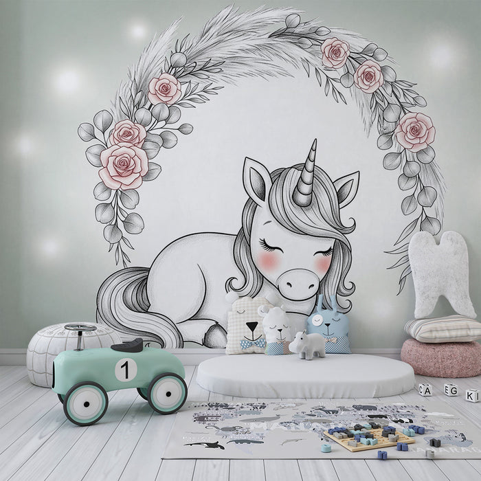 Papel de parede quarto bebê | Usnuli jednorog okružen cvijećem