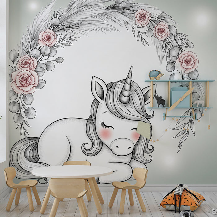 Papel de parede quarto bebê | Usnuli jednorog okružen cvijećem